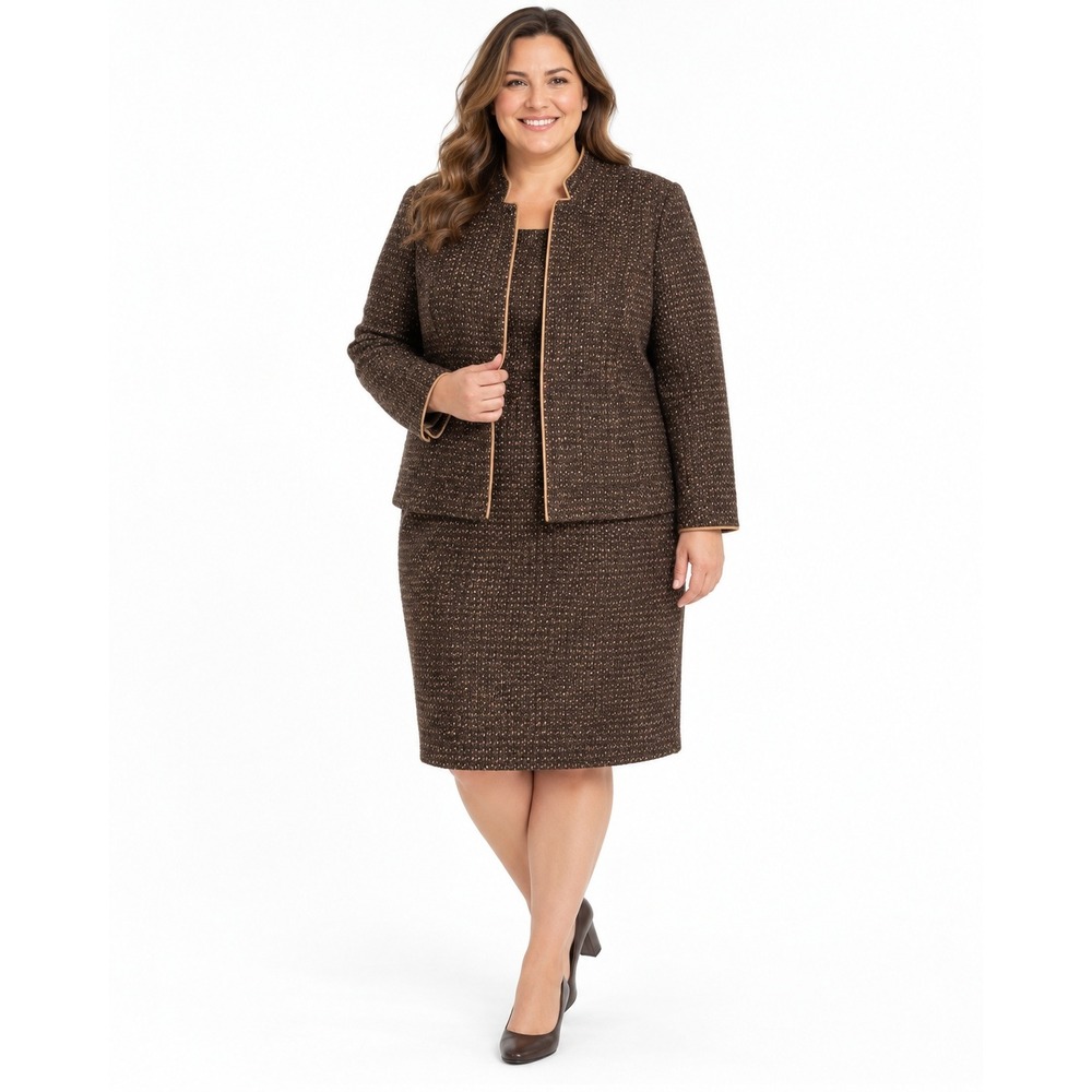 Amanda Smith Woman 20W Brown Tweed Skirt Suit Set Stand Collar Open Jacket Plus